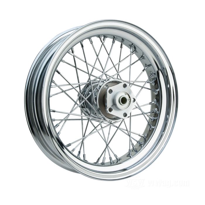 Ruota a raggi; atto per FL/FLH 1973–1981, FX, FXE, FXEF, FXWG 1973-E1982; mozzo largho tipo 1973-99 (anteriore o posteriore); finissaggio mozzo: cromato(a); Ø collare centraggio: 50 mm; flangia doppia, fori di 3/8” e 7/16