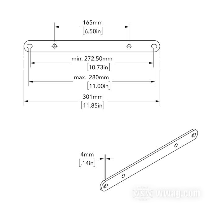 Adattatore di Bates; per Molle per sella; acciaio, parkerizzato, distanza tra le molle = 165 mm; L x L x A: 300 x 25 x 5 mm; Germania; peso lordo: 282 g
