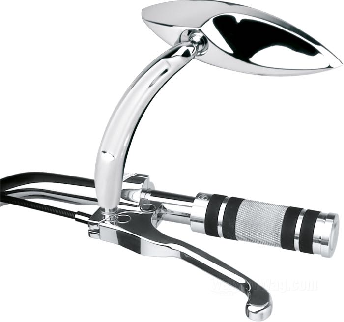 Rear view mirror »3-D Cateye« by Arlen Ness; cast aluminum, chrome-plated; thread: 5/16”-18; position: left; mirror glass dimensions WxH: 9 x 4 cm; stem length: 14.5 cm; with two mounting studs (5/16