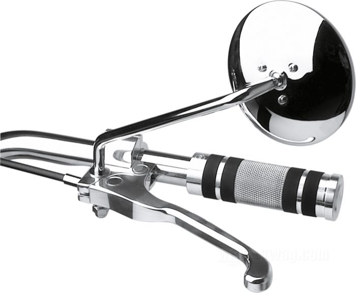 Rear view mirror »Custom«; fits models 1965→; steel / glass, chrome-plated, long stem; Ø 4”; position: left; length L1: 17.5 cm; length L2: 3 cm; head angle: 60 °; gross weight: 400 g