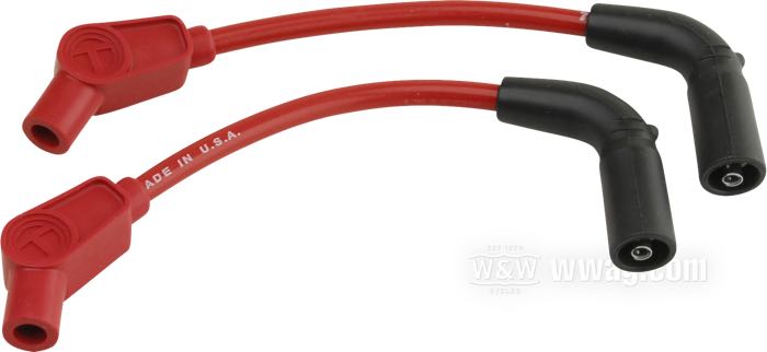 Ignition wire kit »Spiro-Pro« by Taylor; fits Softail Rocker FXCW 2008→; silicone, red; Ø 8 mm; plug boot angle: 135°; coil boot angle: 90°-180° flex; carbon fibre core; gross weight: 113 g