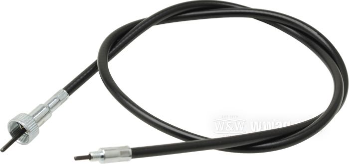 Speedometer cable; for Front wheel; fits FX/FXE 1973-1985 (except FXWG and FXST), FXSB 1984-1986, FXR 1984-1994, XLH 1973, XLH 1984-1985, XLX 1983-1985, Evolution Sportster 1986-1994; original length; steel / vinyl, steel, black vinyl; Ø 6.9 mm; length outer spiral: 100 cm; drive connection: thread 1/4”-20; instrument connection: nut M16 x 1.0; replaces OEM HD 67052-78A, 67052-78B, 67051-73, 67077-85, 67078-85, and 67078-85A; gross weight: 200 g