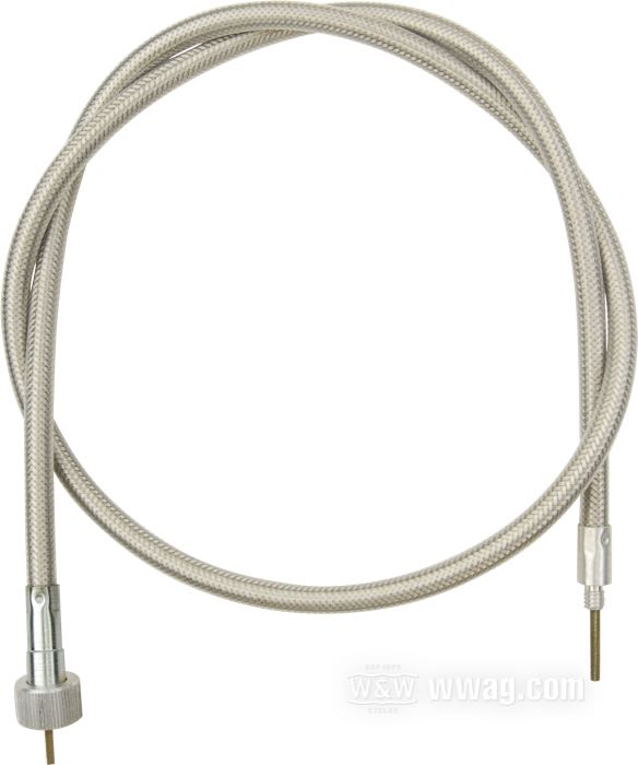 Cavo tachimetro di Barnett; per Ruota anteriore; atto per FX/FXE 1973-1985 (eccetto FXWG e FXST), FXSB 1984-1986, FXR 1984-1994, XLH 1973, XLH 1984-1985, XLX 1983-1985, Evolution Sportster 1986-1994; lunghezza originale; acciaio / vinile, acciaio / acciaio inox, treccia in guaina trasparente; Ø 8.5 mm; lunghezza guaina: 100 cm; connessione al rinvio: filettatura 1/4”-20; connessione allo strumento: dado M16 x 1.0; rimpiazza OEM HD 67052-78A, 67052-78B, 67051-73, 67077-85, 67078-85 e 67078-85A; U.S.A.; peso lordo: 220 g
