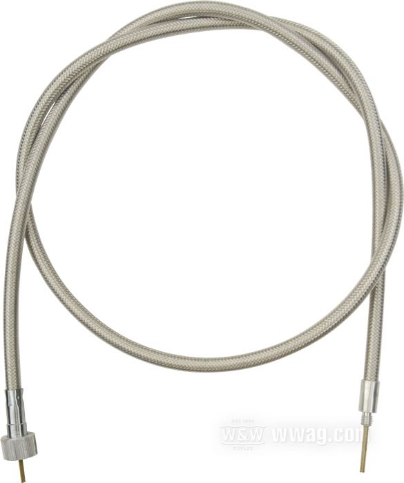 Cavo tachimetro di Barnett; per Ruota anteriore; atto per FXWG/FXRD 1986, FXRT 1984 e 1986-1994, XLCH 1974-1980, XLH 1974-primo 1984, XLS 1983; lunghezza originale; acciaio / vinile, treccia in guaina trasparente; Ø 8.5 mm; lunghezza guaina: 119 cm; connessione al rinvio: filettatura 1/4”-20; connessione allo strumento: dado M16 x 1.0; rimpiazza OEM HD 67051-74; U.S.A.; peso lordo: 260 g