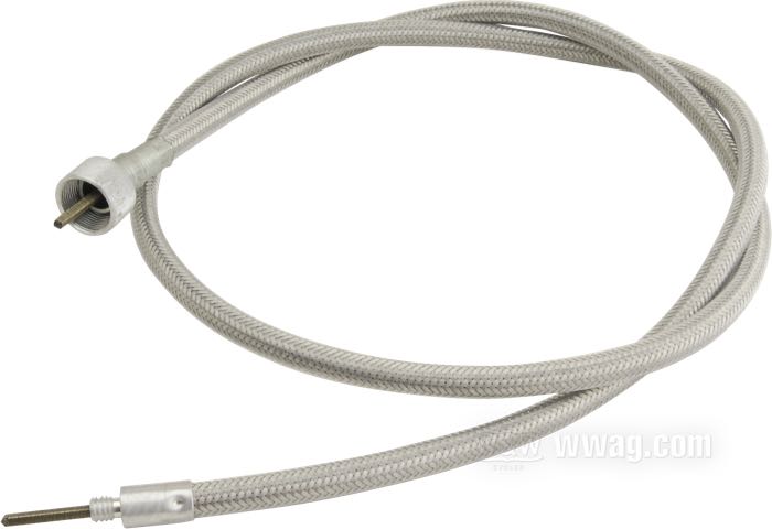 Cavo tachimetro di Barnett; per Ruota anteriore; atto per FX/FXE 1973-1985 (eccetto FXWG e FXST), FXSB 1984-1986, FXR 1984-1994, XLH 1973, XLH 1984-1985, XLX 1983-1985, Evolution Sportster 1986-1994; lunghezza originale; acciaio / vinile, acciaio / acciaio inox, treccia in guaina trasparente; Ø 8.5 mm; lunghezza guaina: 109 cm; connessione al rinvio: filettatura 1/4”-20; connessione allo strumento: dado M16 x 1.0; rimpiazza OEM HD 67063-89; U.S.A.; peso lordo: 200 g
