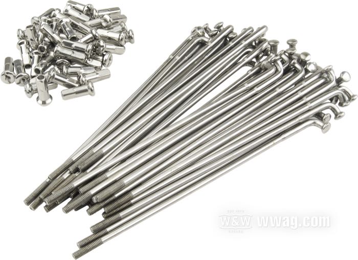Set di raggi; acciaio inox, lucidato; lunghezza L1: 175 mm; diametro D1: 5 mm; diametro D2: 4 mm; angolo α: 95 °; filettatura: 8G-32; per mozzo largo; per cerchi Morad 16