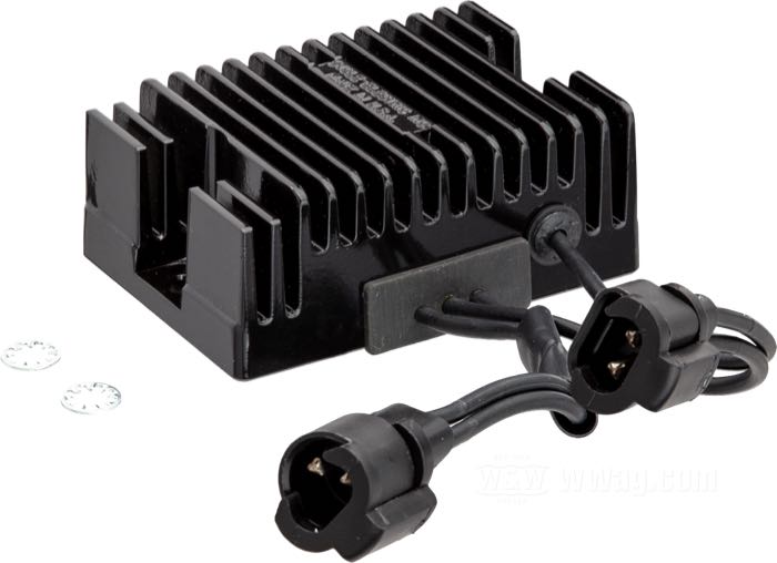 Regulator/Rectifier by Cycle Electric; fits Sportster 2007-2008; aluminum, black, anodised; replaces OEM HD 74546-07; USA; gross weight: 512 g