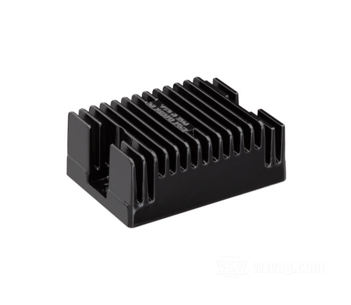 Regulator/Rectifier by Cycle Electric; fits Sportster 2007-2008; aluminum, black, anodised; replaces OEM HD 74546-07; USA; gross weight: 512 g