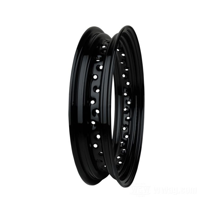 Jante; acier; profil: creuse; finition jante: noir finition époxy; 3x16 ”; Nombre de percages pour rayons: 40; valve engommée latérale; Ø intér.: 364 mm; pour moyeux larges et étroits; poids brut: 3.5 kg